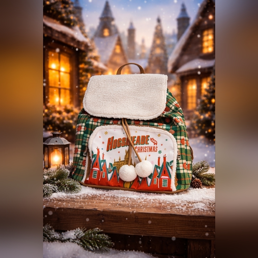 Universal Studios Hogsmeade for Christmas Mini Backpack Sherpa Plaid Pom Pom Bag